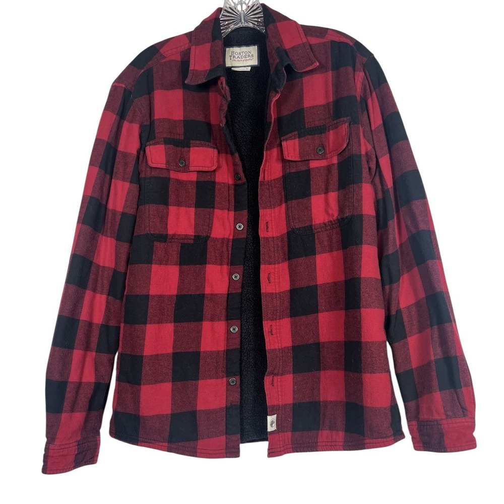 BOSTON TRADERS Sz M Men's Shacket Sherpa Flannel Shirt‎ Red Black Buffalo Plaid